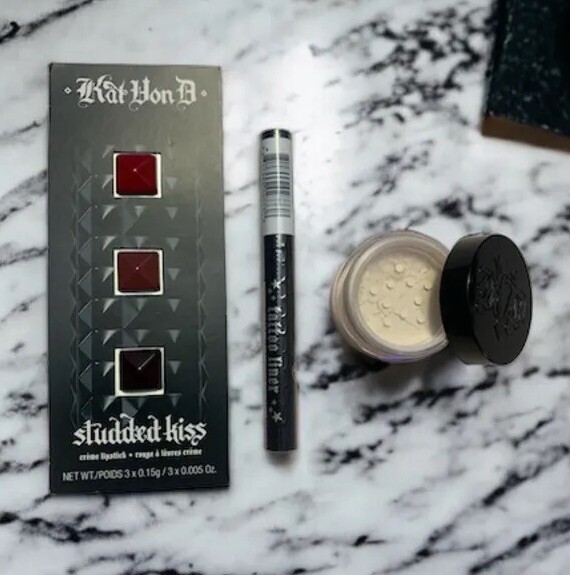 Kat Von D TATTOO LINER + LOCK-IT Setting Powder + STUDDED KISS Creme Lipstick