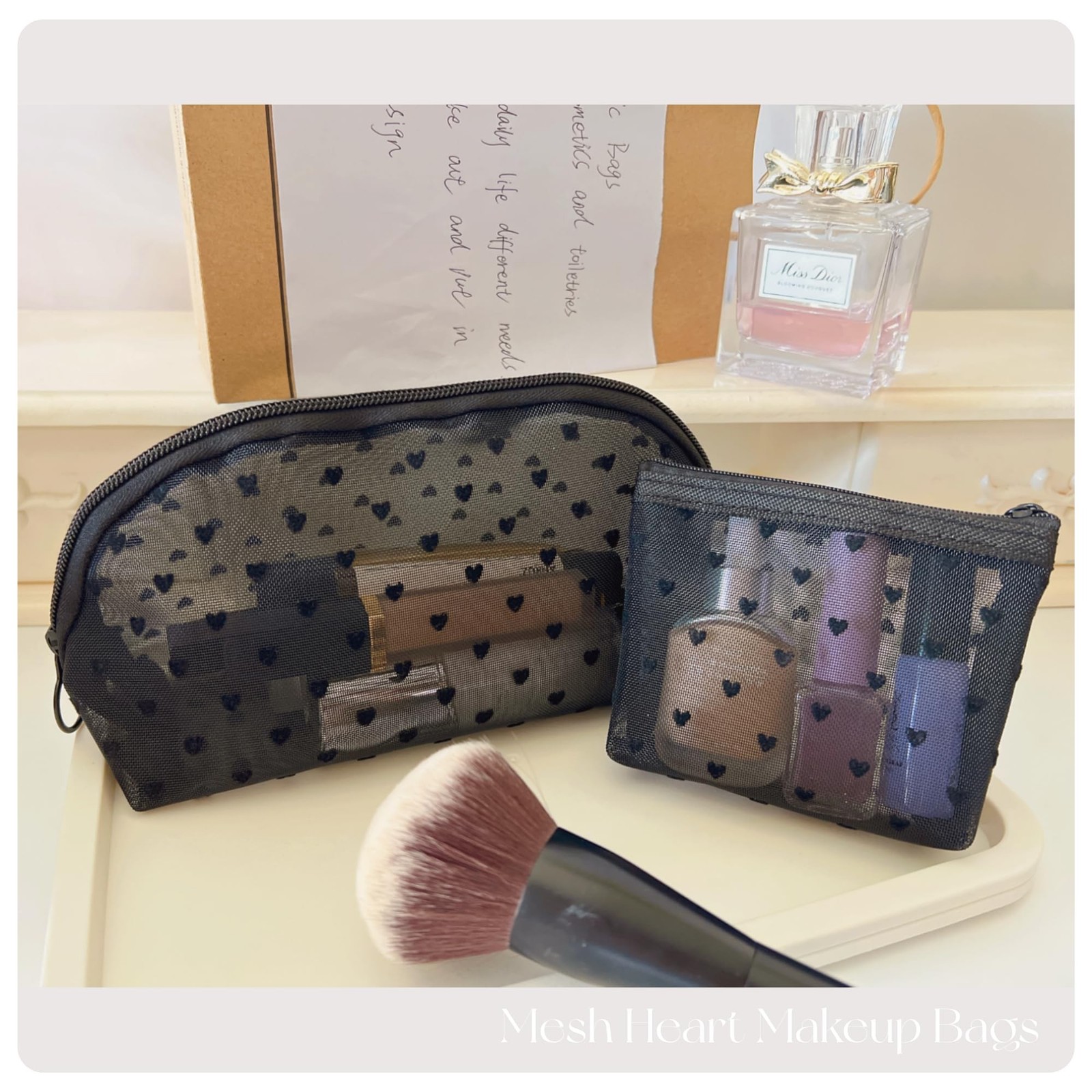 5 Pieces Zipper Mesh Cosmetic Bags Set, Mesh Heart Makeup Bags Toiletry Bags,…