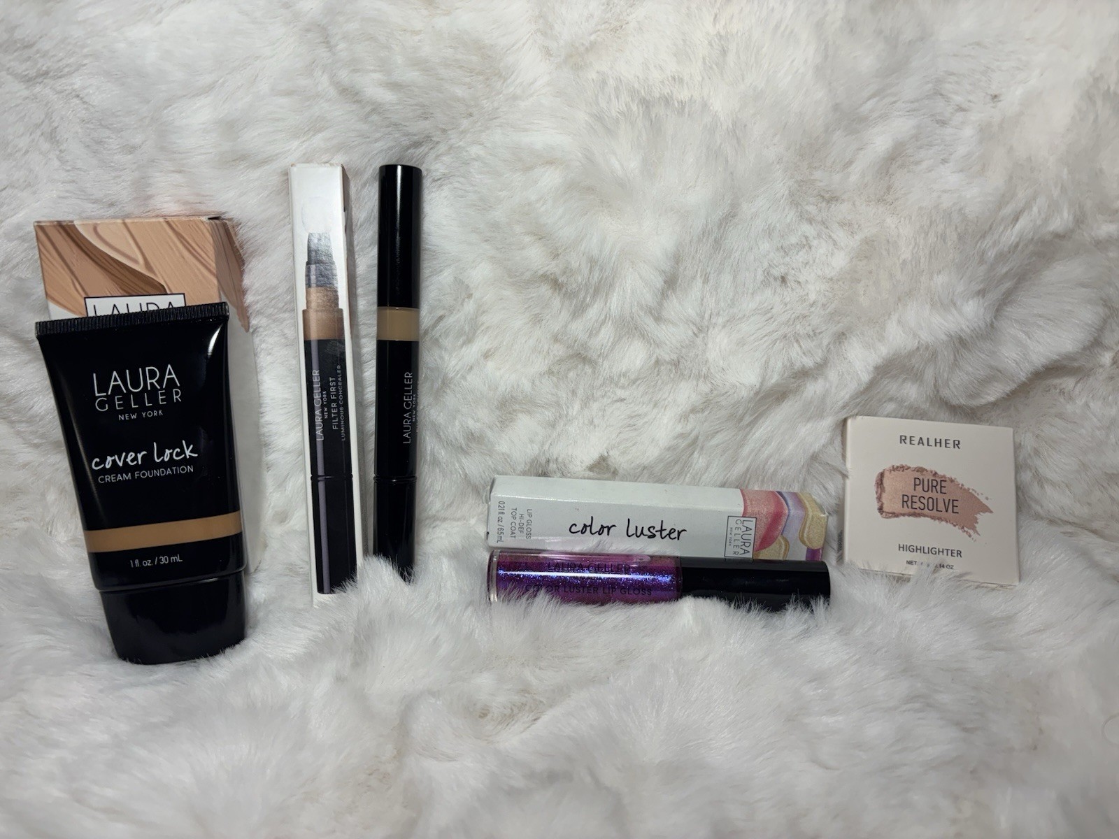 Laura Geller & REALHER Full Size Makeup Lot: Foundation, Concealer, Lip Gloss