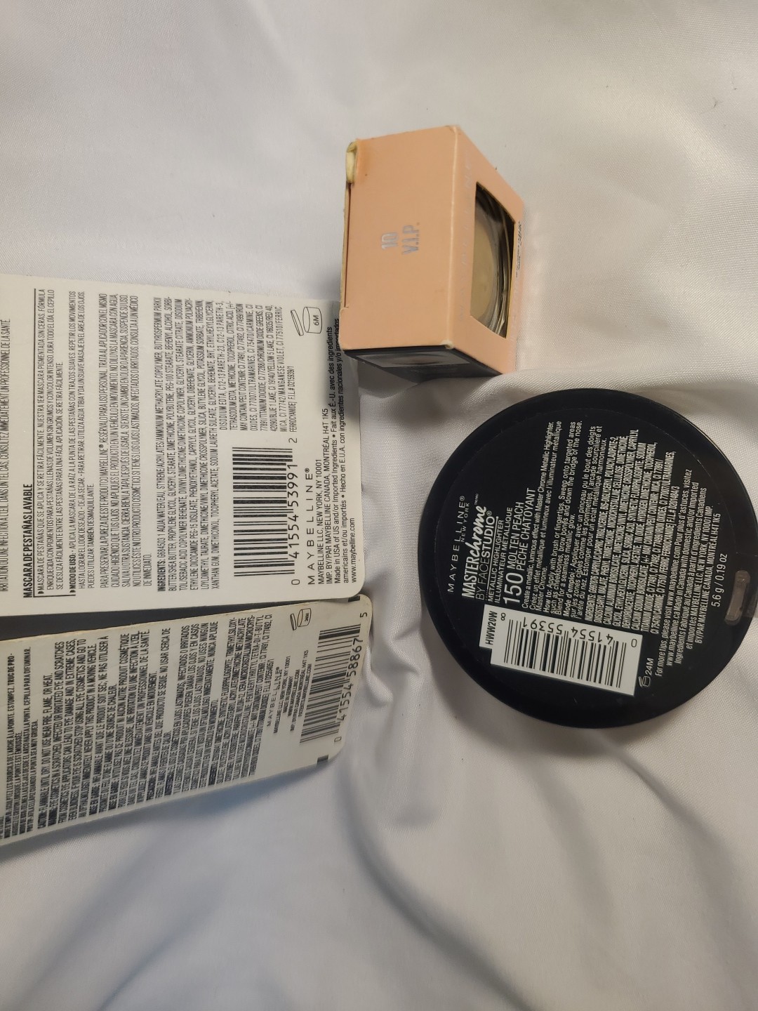 4pc. Maybelline Highlighter, Mascara,Tatoo Studio Brow Pencil, Cream Eyeshadow