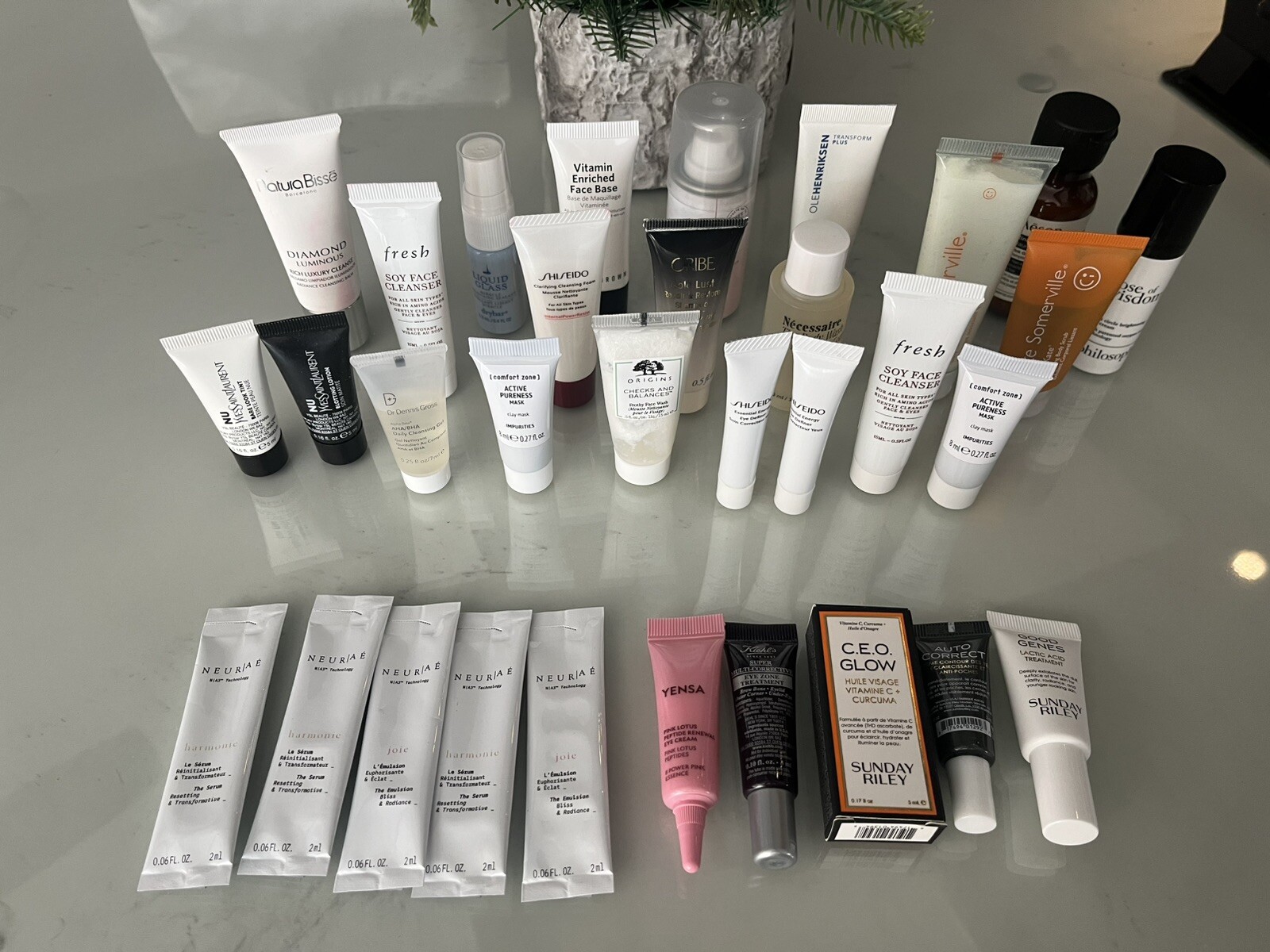 Lot of 32 Travel & Sample Beauty Products Skin/Makeup YSL/Oribe/Kiehls NEW