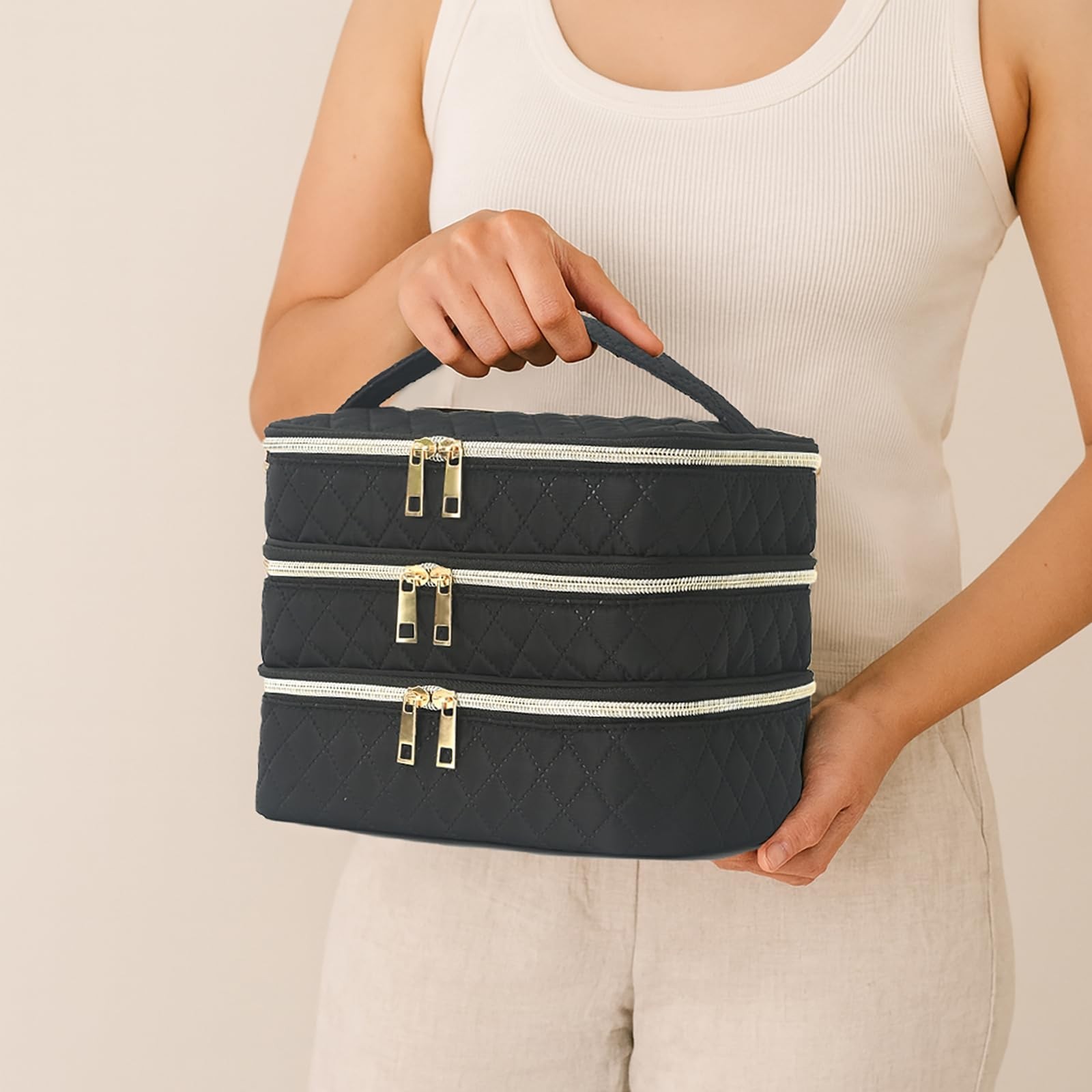Travel Makeup Bag for Women Three Layer Large Cosmetic Case Water-resistant T…