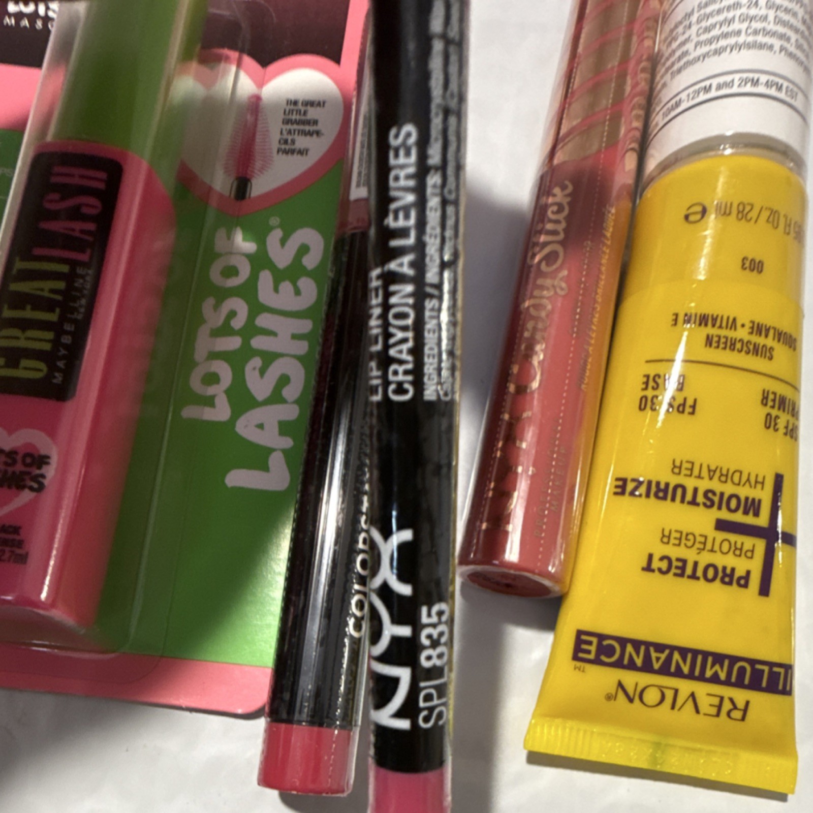 Maybelline Great Lash, NYX Candy Slick, Revlon Illuminance SPF 30, Full Size Lot