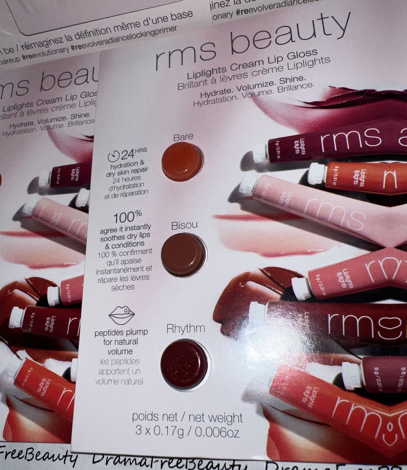 RMS Beauty Makeup 8pc Lot Radiance Primer & BARE, BISOU+ Liplights Lip Gloss Set