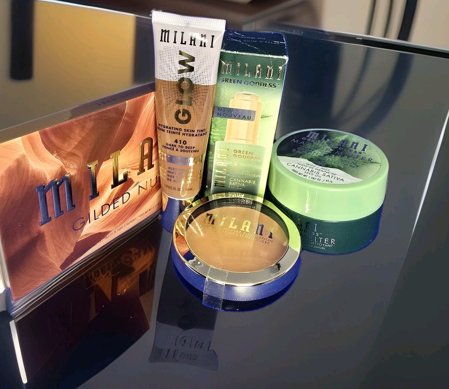Milani 5pc Makeup Set Gilded Nude Palette Skin Tint 410 Glow Oil Cleansing Balm