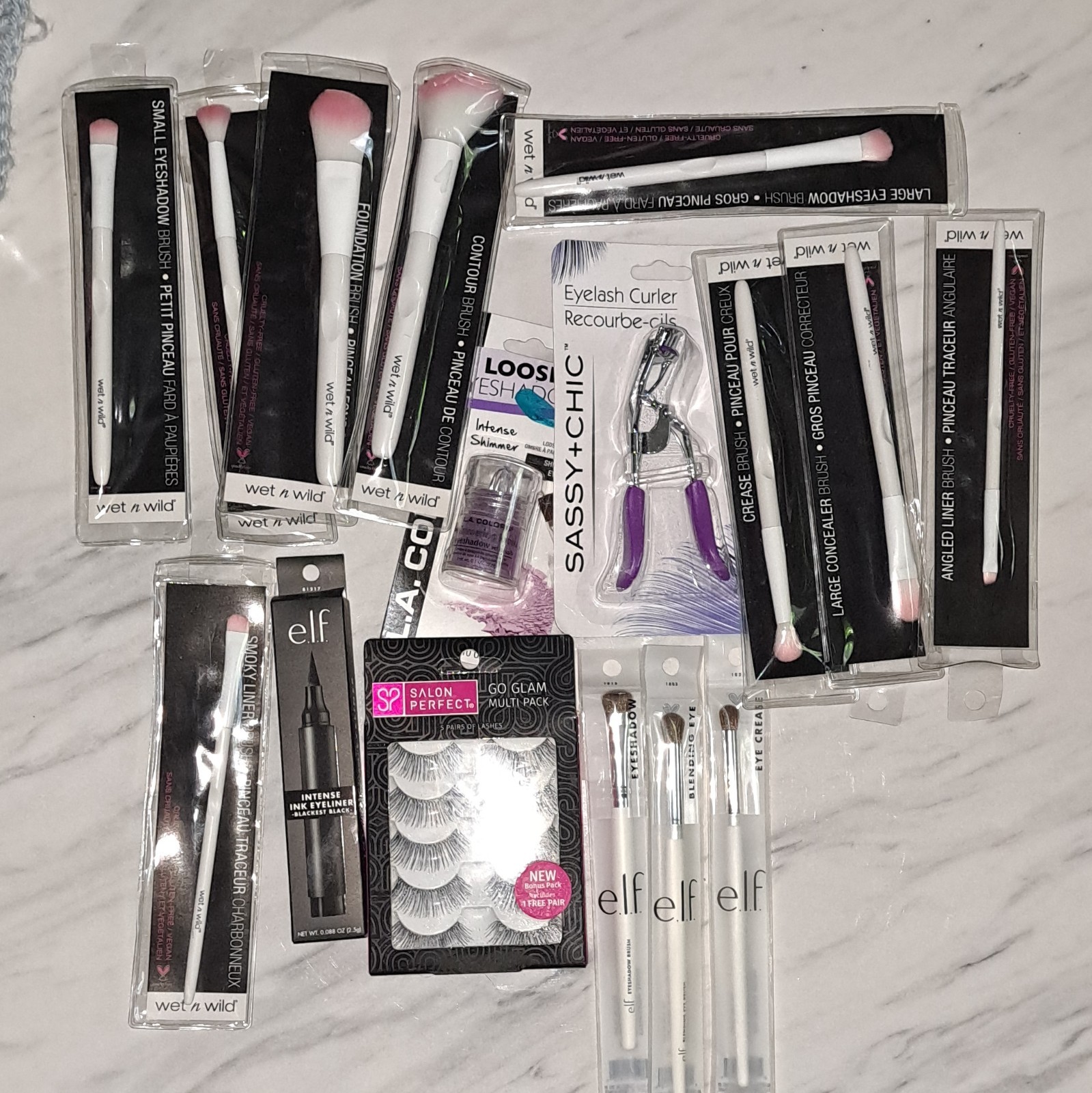 wet n wild + e.l.f. Makeup Tool Lot Full Size Brushes, Lash Curler + Eyeliner