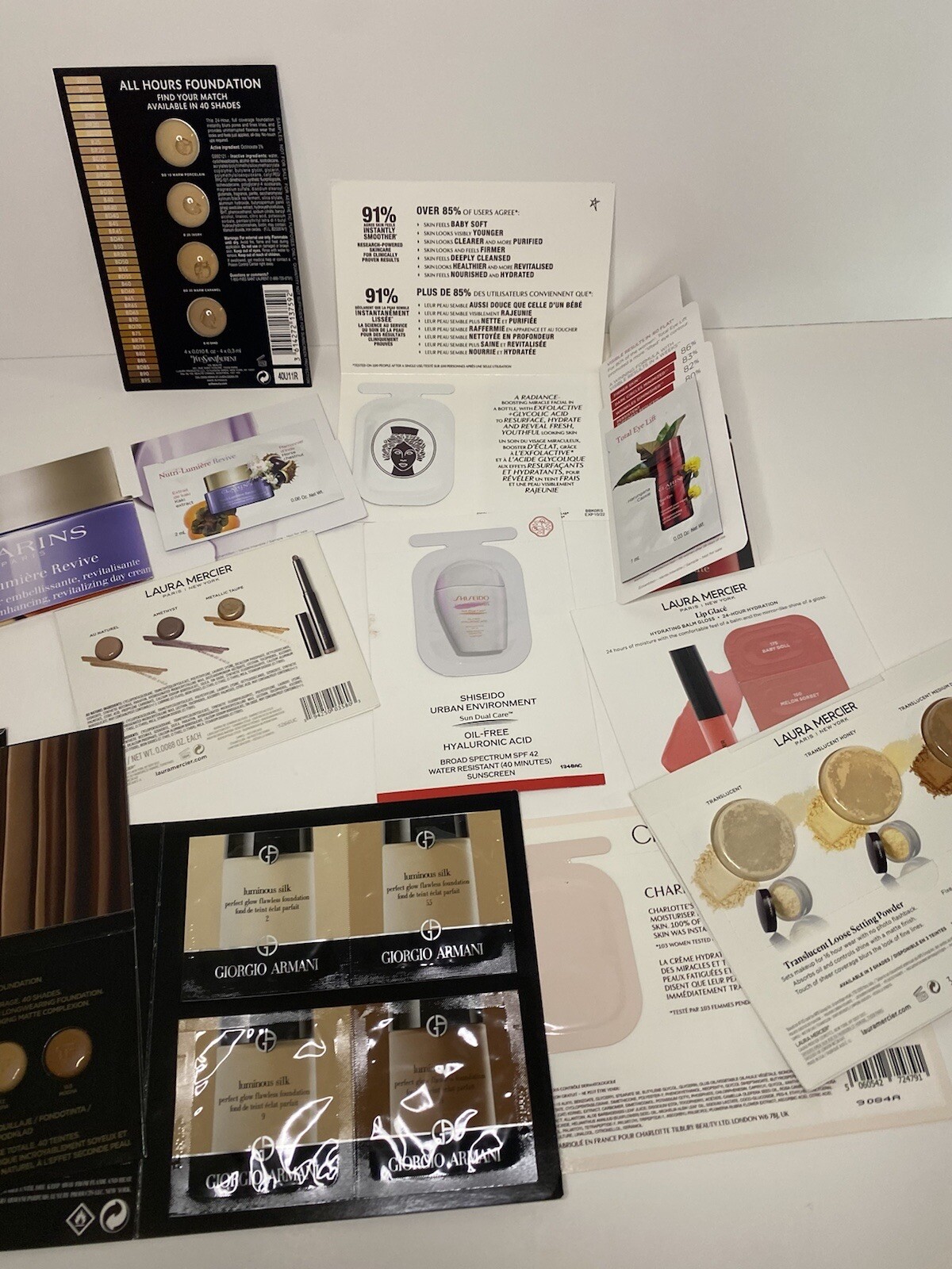 10 Pcs Beauty Makeup Skin Samples Tilbury Armani YSL Ford Mercier Clarins BONUS