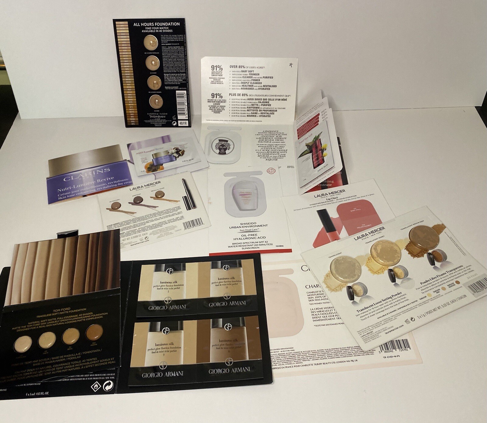 10 Pcs Beauty Makeup Skin Samples Tilbury Armani YSL Ford Mercier Clarins BONUS