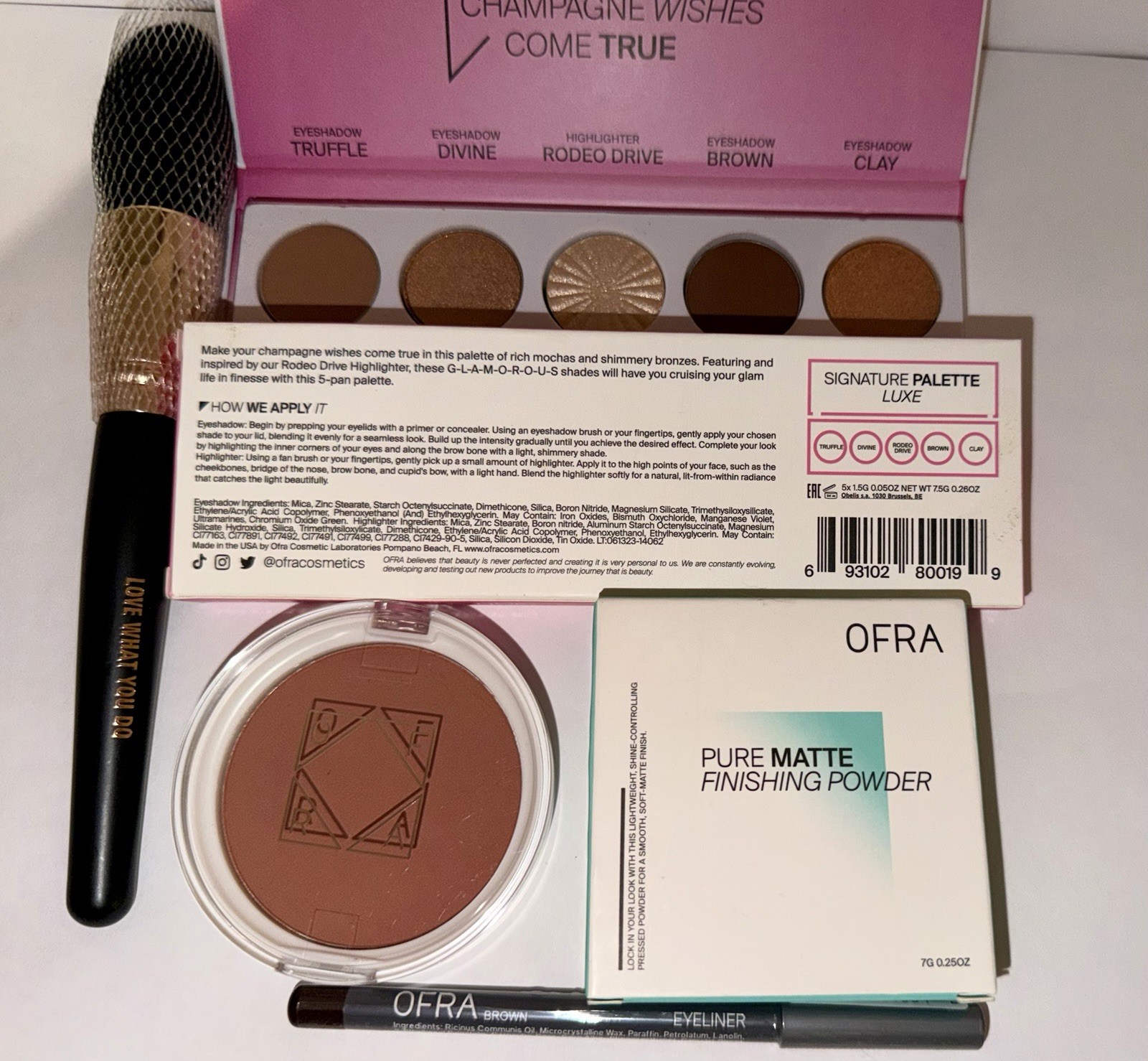 OFRA Makeup Bundle – Champagne Wishes Palette, Blush Charm Powder Eyeliner Brush