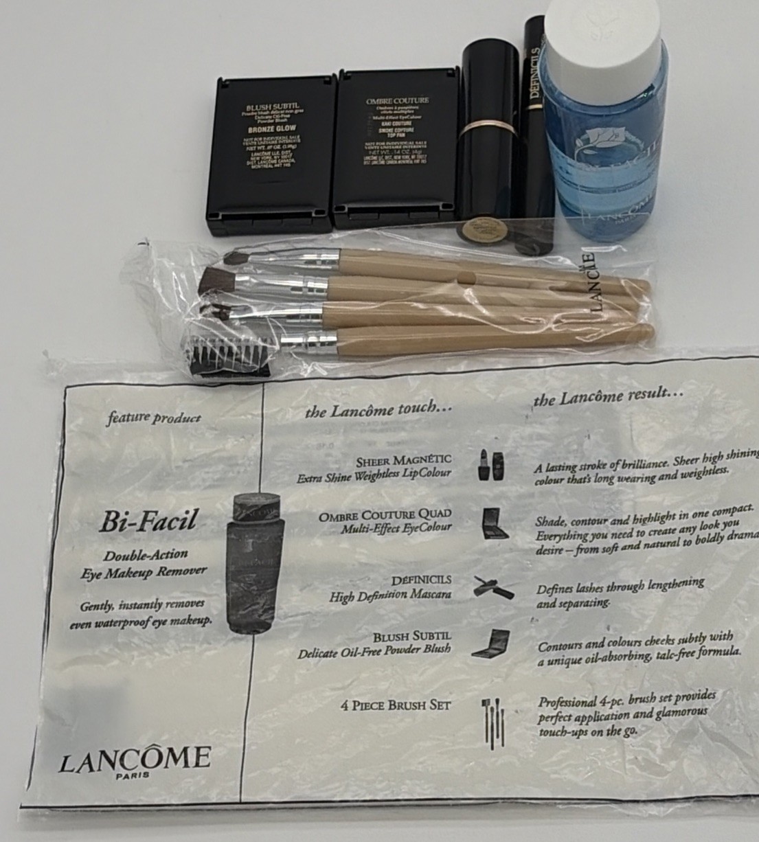 Lancome Lot Of 6 Products, Definicils, Bi-facil, EyeColour,LipColour, Brush Set
