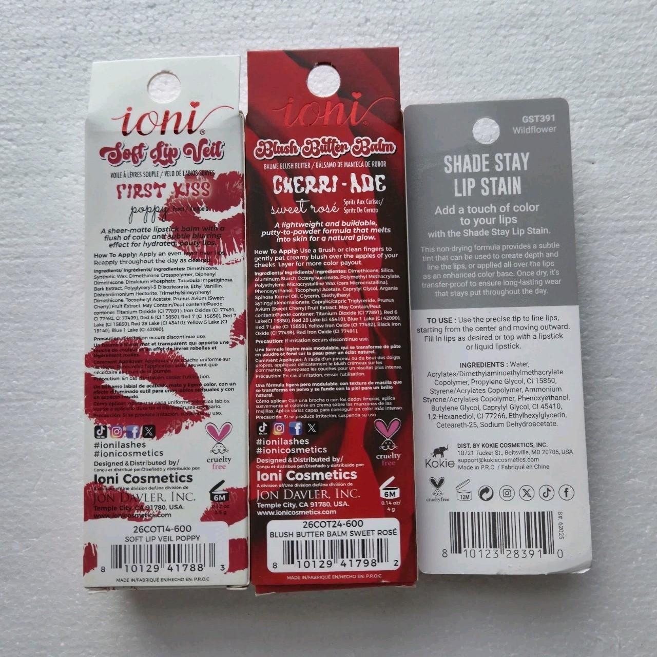 NIB Kokie Lip Stain Wildflower/Ioni Soft Lip Veil Poppy/Blush Balm Sweet Rosé