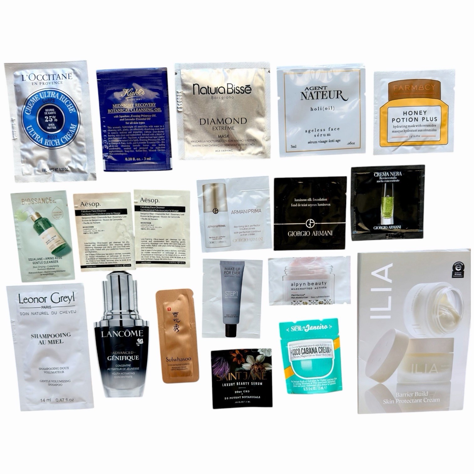 GIANT Lot of 71 Luxury Beauty Samples Skincare Make Up Perfume + Cosmetic Bag