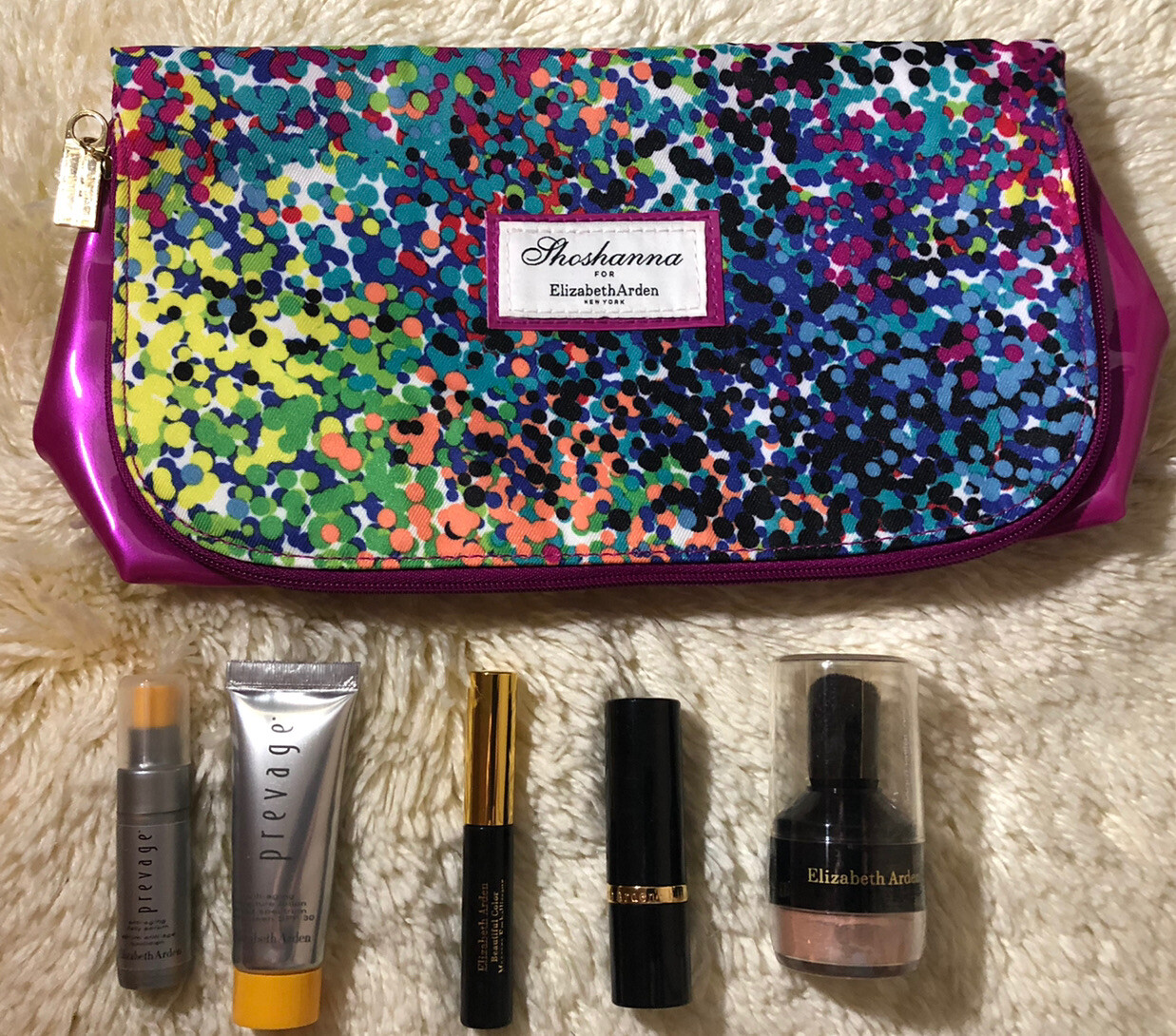 Elizabeth Arden 6 PC Travel Trial Lot — Prevage Anti-Aging, Lipstick, Clutch-NEW