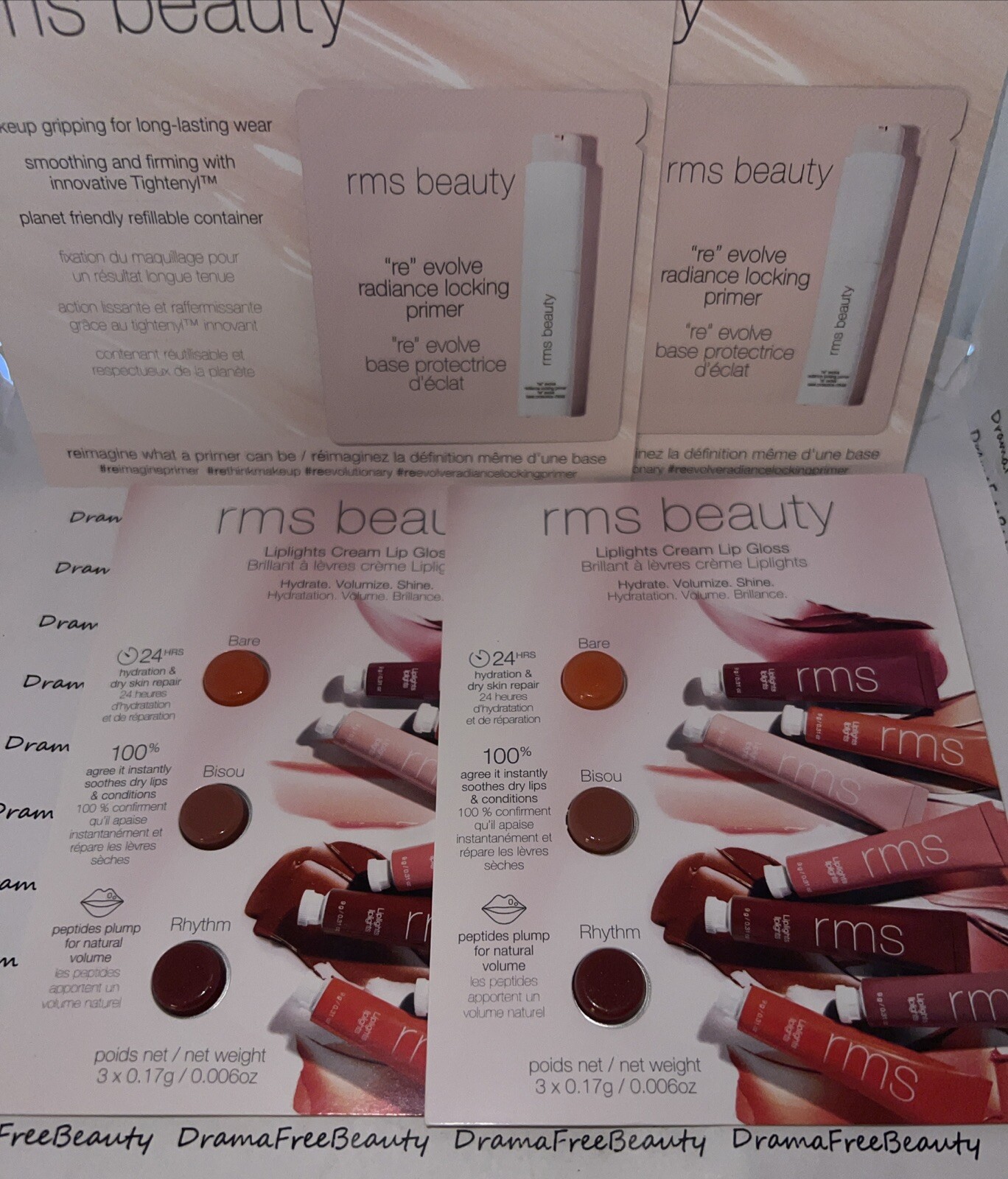 RMS Beauty Makeup 8pc Lot Radiance Primer & BARE, BISOU+ Liplights Lip Gloss Set