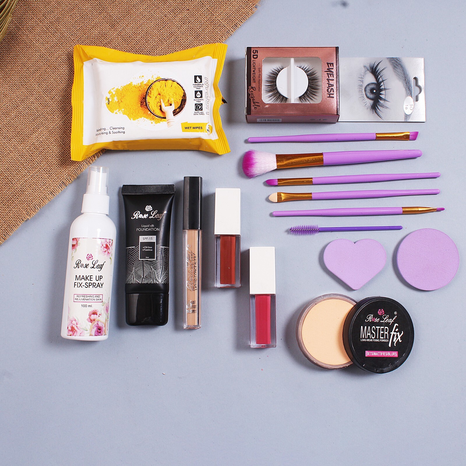 LoosePowder,Concealer,Makeup Fixer,WetWipes,Lipsticks,Foundation,Eyelashes,Brush