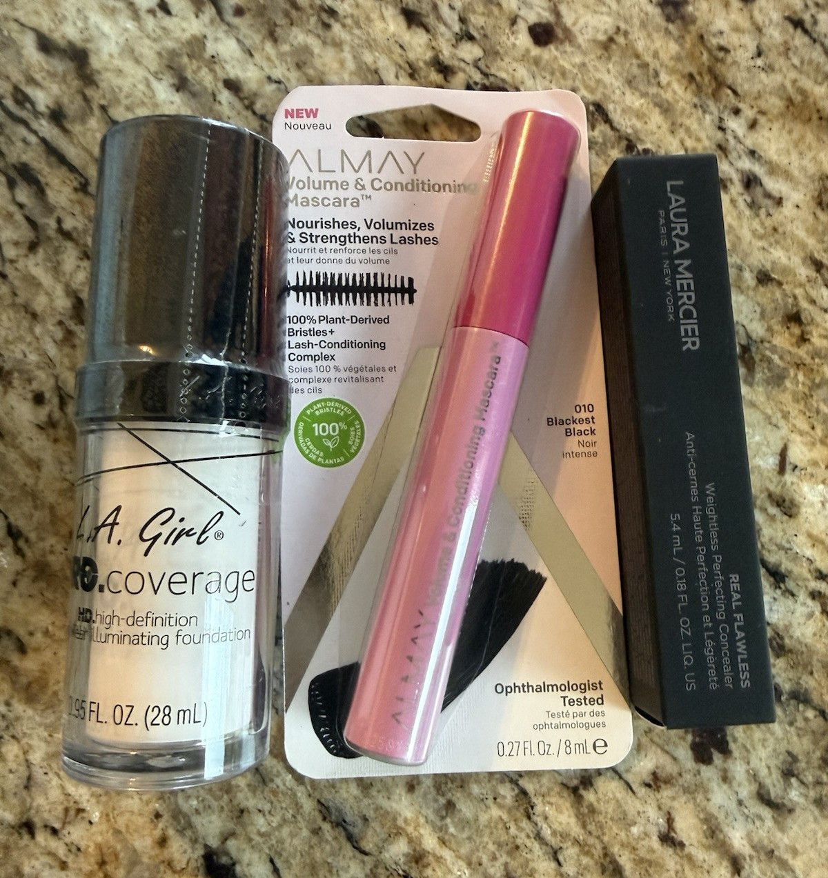 L.A. Girl Pro Coverage HD Foundation, Almay Mascara, Laura Mercier Concealer