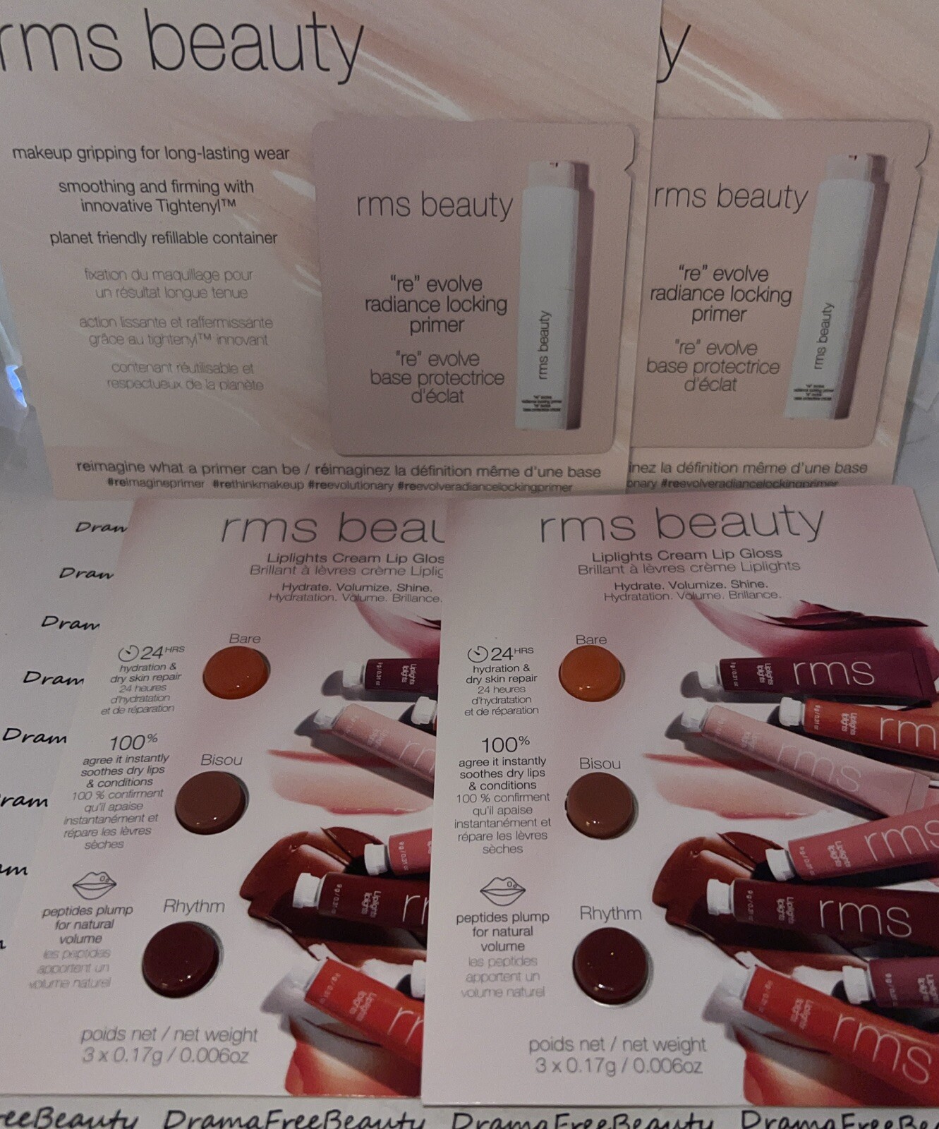 RMS Beauty Makeup 8pc Lot Radiance Primer & BARE, BISOU+ Liplights Lip Gloss Set