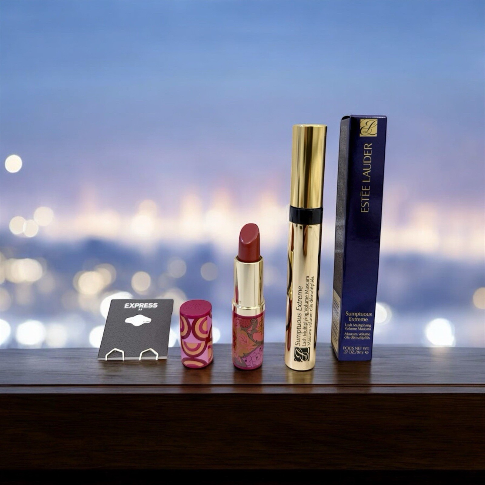 Express EARRINGS ESTEE LAUDER Sumptuous Extreme Volume Black Mascara LIPSTICK