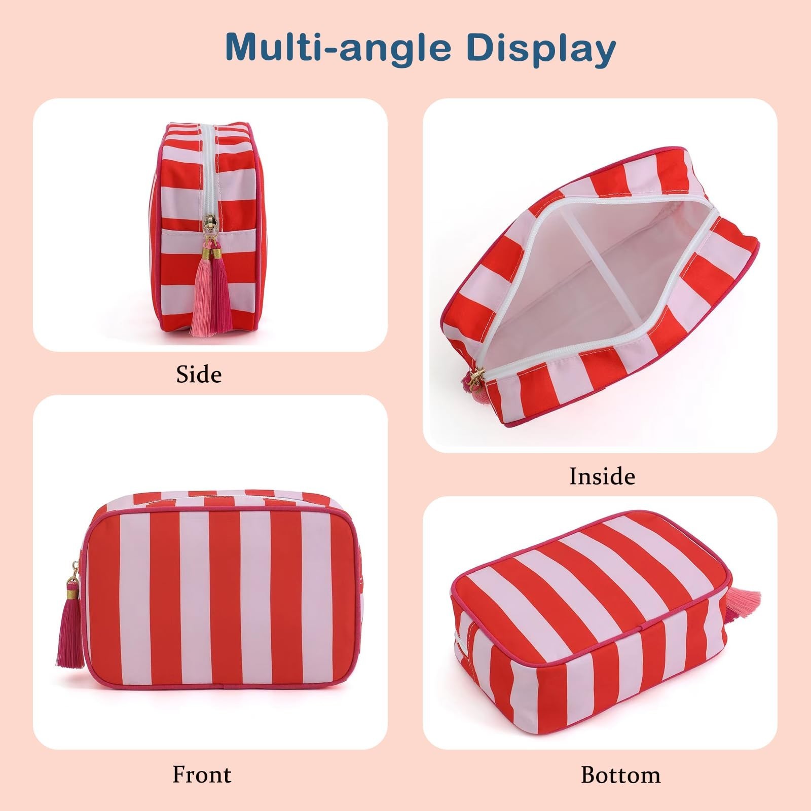 Large Stripe Canvas Zipper Makeup Bag,Aesthetic Tassel Travel Cosmetic Bag,Co…