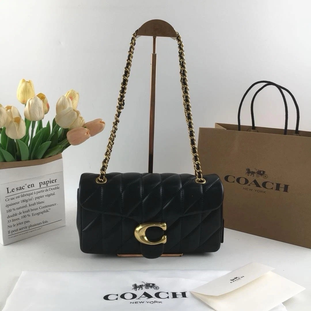 Coach Quilted Tabby 26 Shoulder Bag Black Nappa Leather Gold-Tone Chain Strap