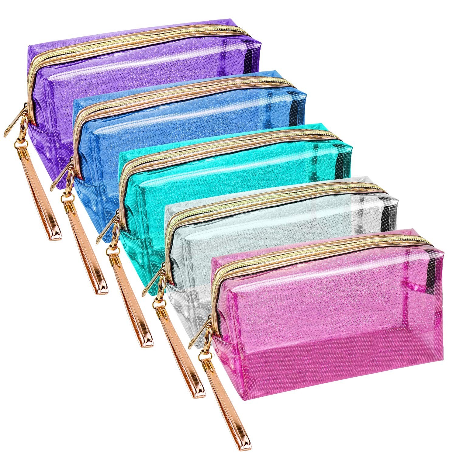 Meetory 5 Pack Waterproof Cosmetic Bag Portable Translucent Makeup Bag Zipper…