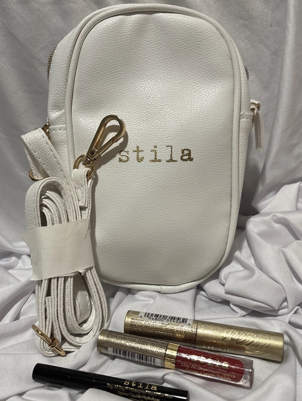 4 Pc STILA Faux Leather Crossbody Cosmetic Bag Lipstick + Mascara + Eyeliner