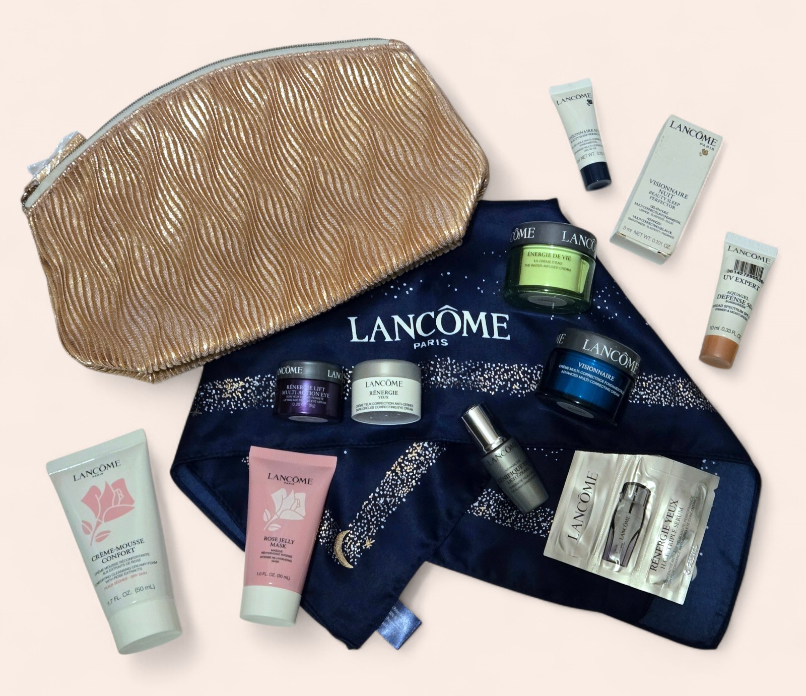 12 PC Lancome Deluxe Skincare Sample Lot w/ Pouch & Handkerchief NEW