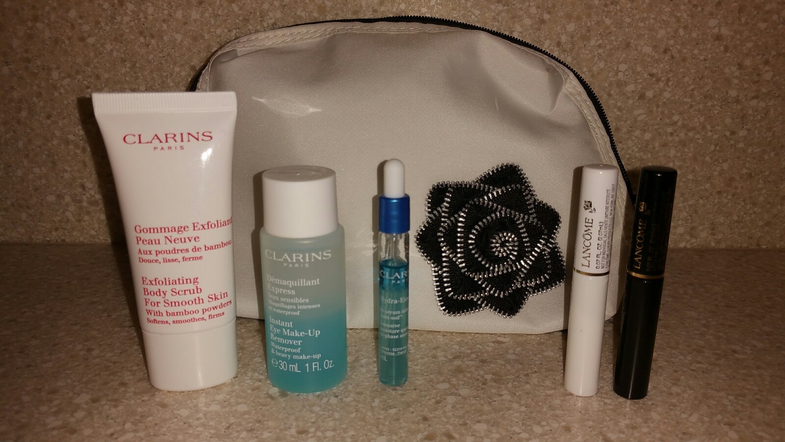NEW Set Lot Of 5 CLARINS + LANCOME Products Travel Size Samples Cosmetic Bag