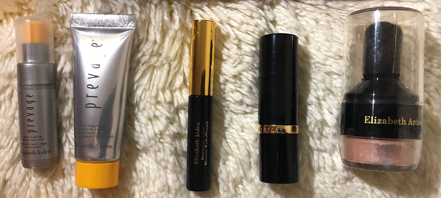 Elizabeth Arden 6 PC Travel Trial Lot — Prevage Anti-Aging, Lipstick, Clutch-NEW