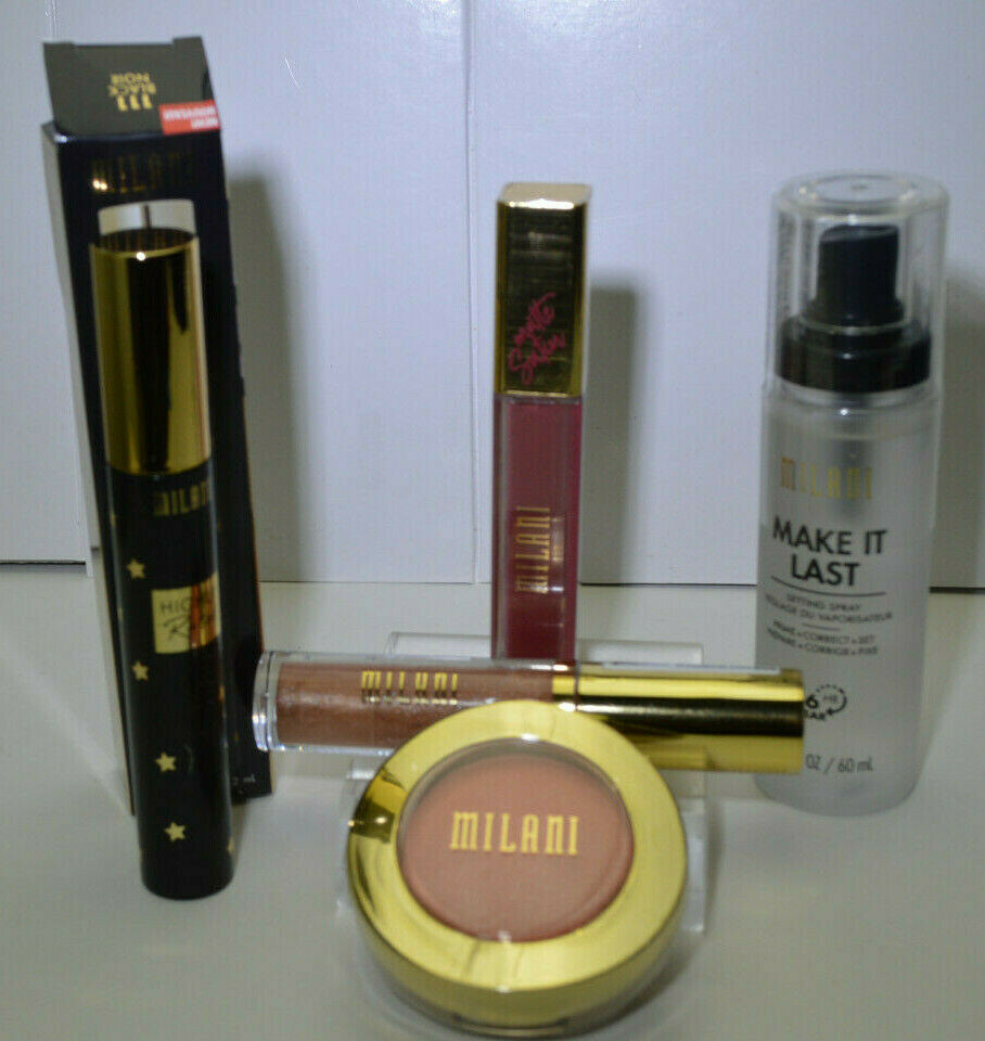MILANI Makeup set 5: Amore Satin Matte Lip, Plumper, Powder Blush, Mascara, Spra