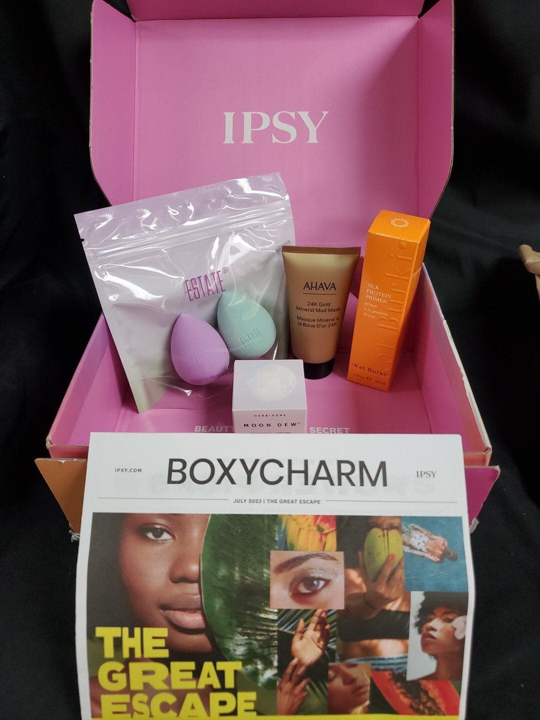 BoxyCharm The Great Escape July 2023 4pcs Set Kat Burki Herbivore Ahava Estate