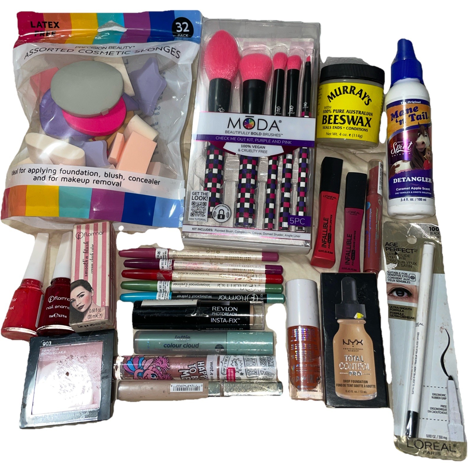 23 Piece Mixed Makeup Lot Revlon L’Oréal NYX Flormar Covergirl Mane N Tail Murra