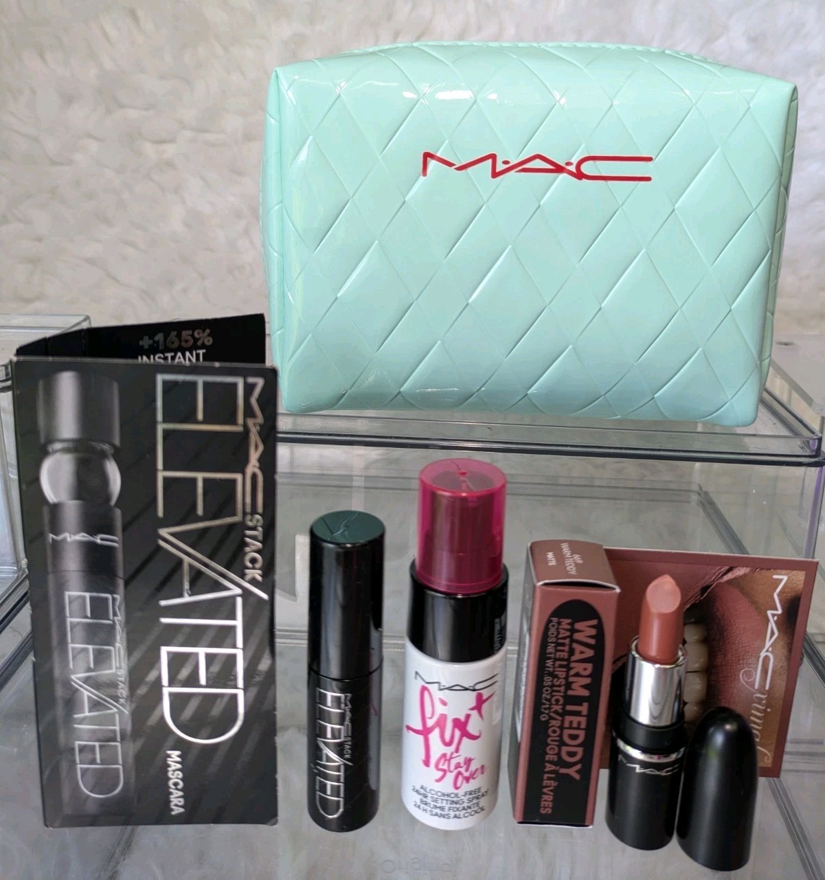 MAC Lot of 4 Warm Teddy Lipstick, Mascara, Setting Spray, & Tiffany Green Pouch