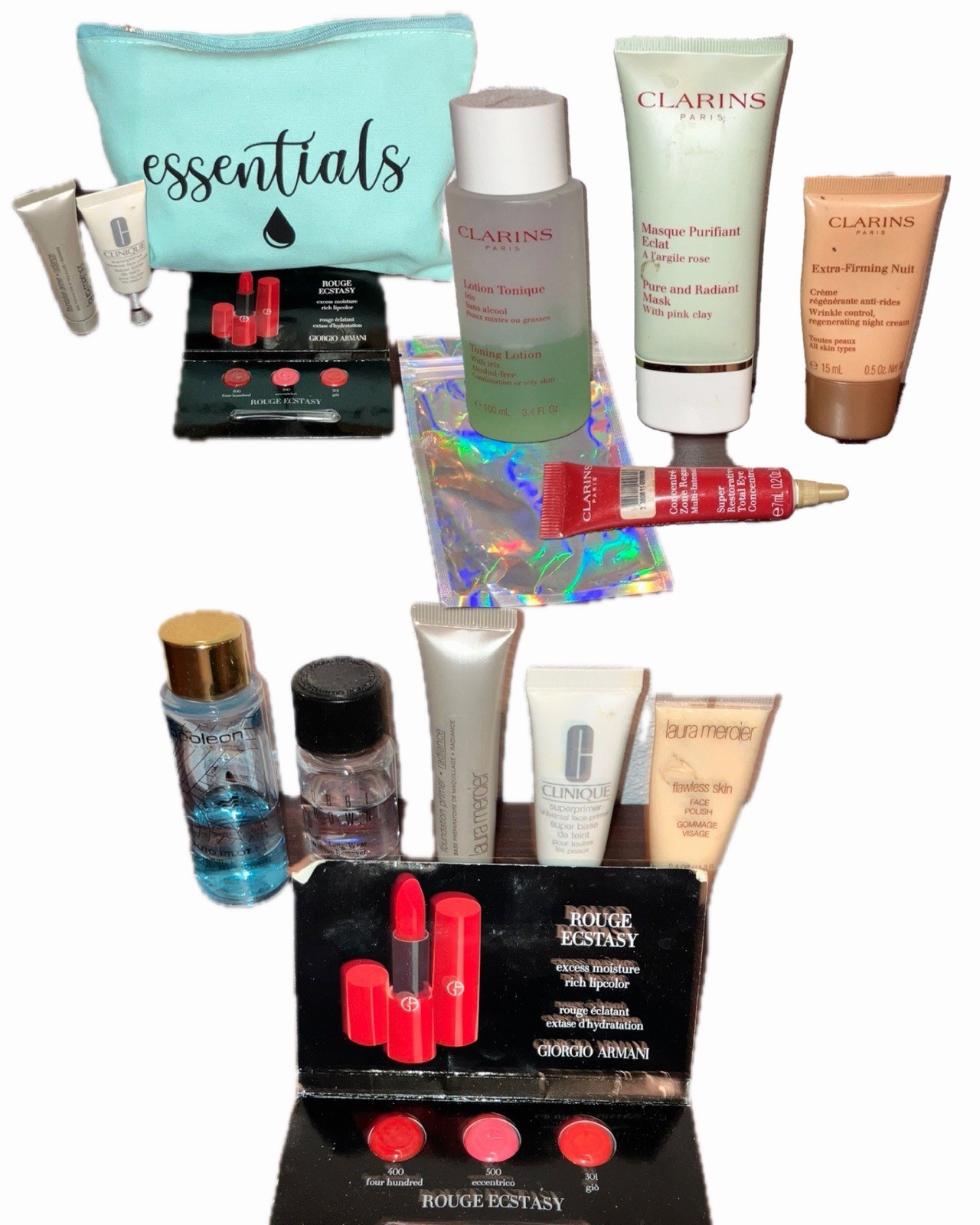 13pc Designer Beauty Lot: Clarins Skincare, Laura Mercier, Armani, Bobbi Brown