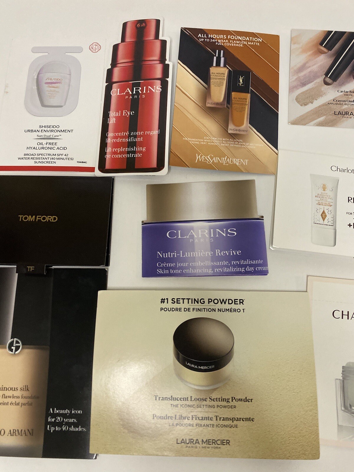 10 Pcs Beauty Makeup Skin Samples Tilbury Armani YSL Ford Mercier Clarins BONUS