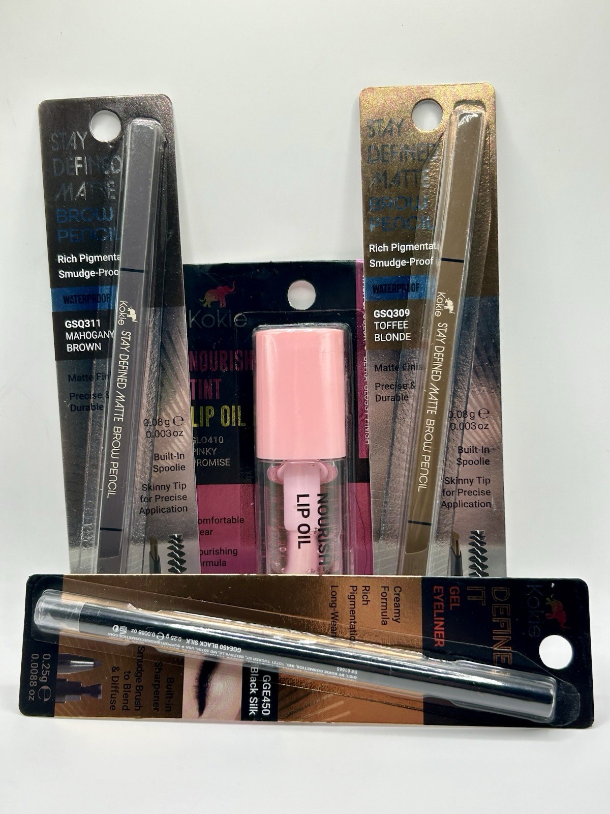 ~*Viral*~🔥 Kokie Bundle – 4pc – Lip oil, Eyeliner, Brow pencils (Brown, Blonde)