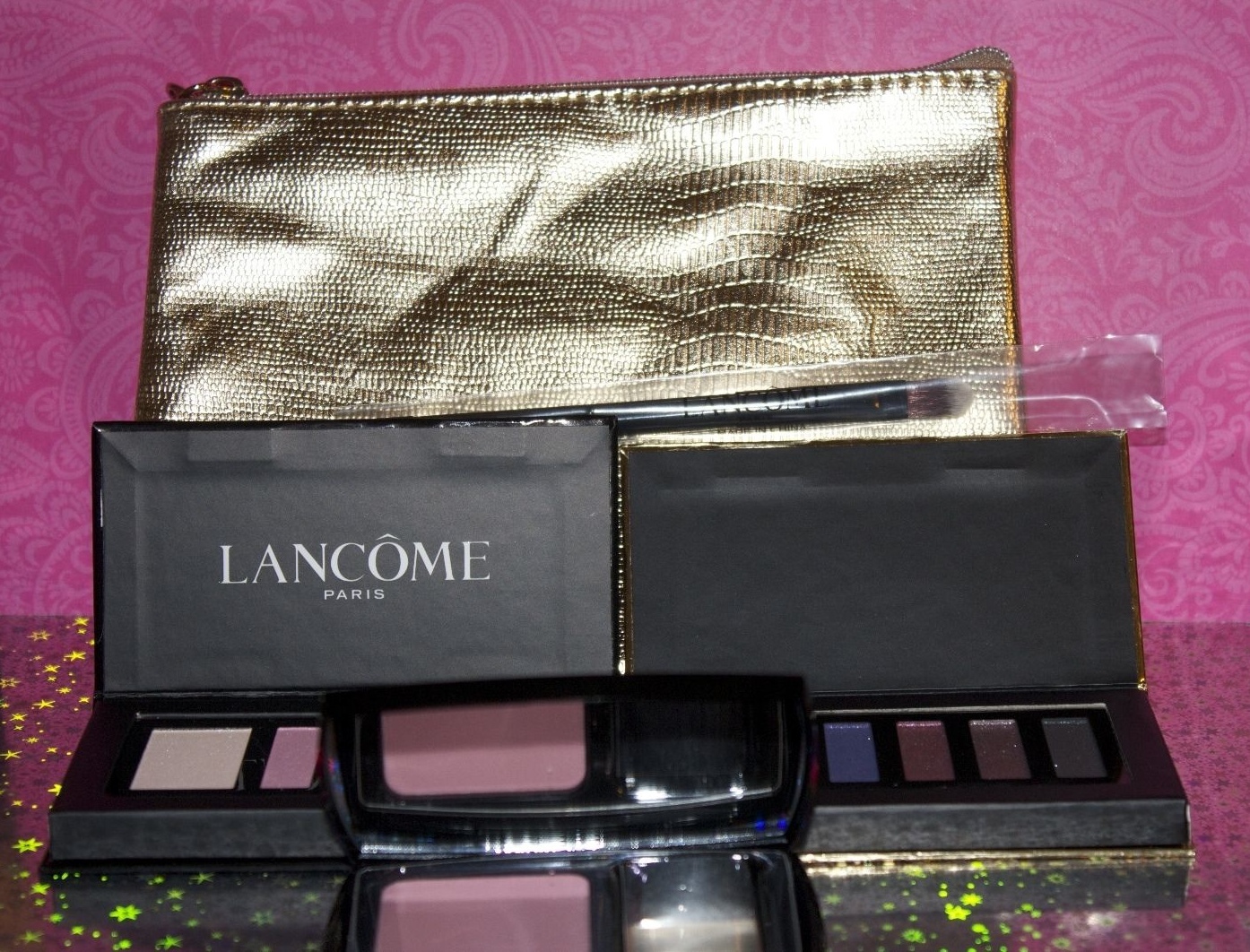 LANCOME LOT OF 5 PIECES COSMETIC BAG + 2 EYESHADOW PALETTE + BLUSH + BRUSH
