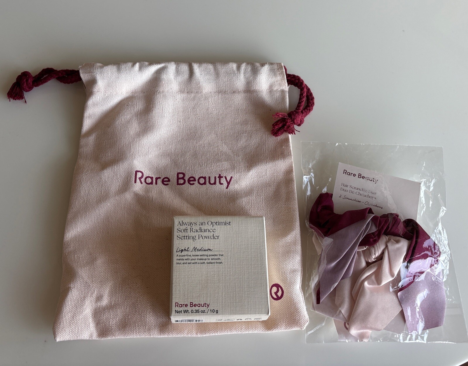 LOTS OF 3 RARE BEAUTY HAIR SCRUNCHIE DUO+SOFT RADIANCE SETTING POWDER+POUCH