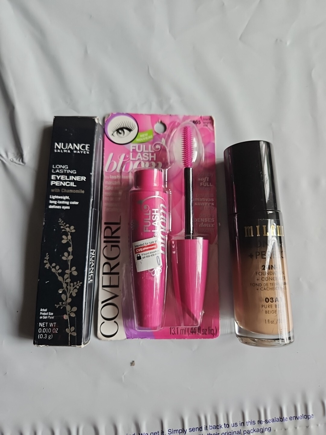 Milani Makeup 03A1 Beig, Covergirl Mascara 805 Black & Nuance Eyeliner 910 Black