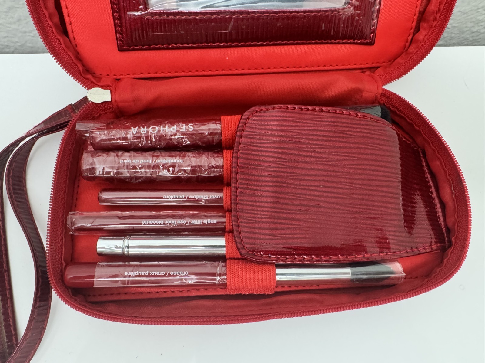 SEPHORA Makeup Brush Set Travel Mini Brushes w/ Mirror Case Cosmetic Kit Red
