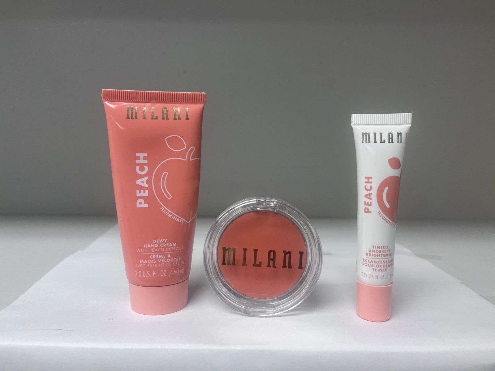 Milani LOT 3 PC Set- PEACH Hand Creme, Tinted Undereye Brightener & Creme Blush