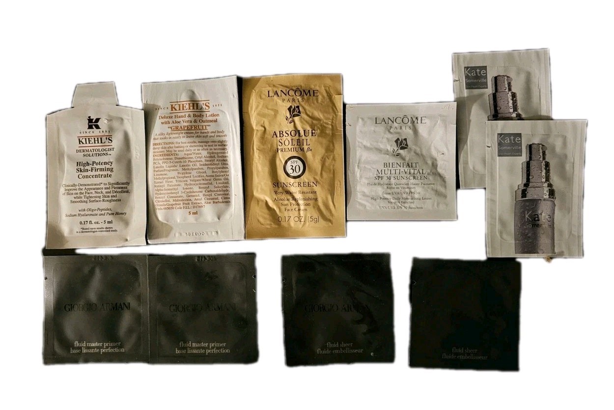10 Piece Beauty Sample Size Lot Lancome, Kiehl’s, Armani &Kate Somerville