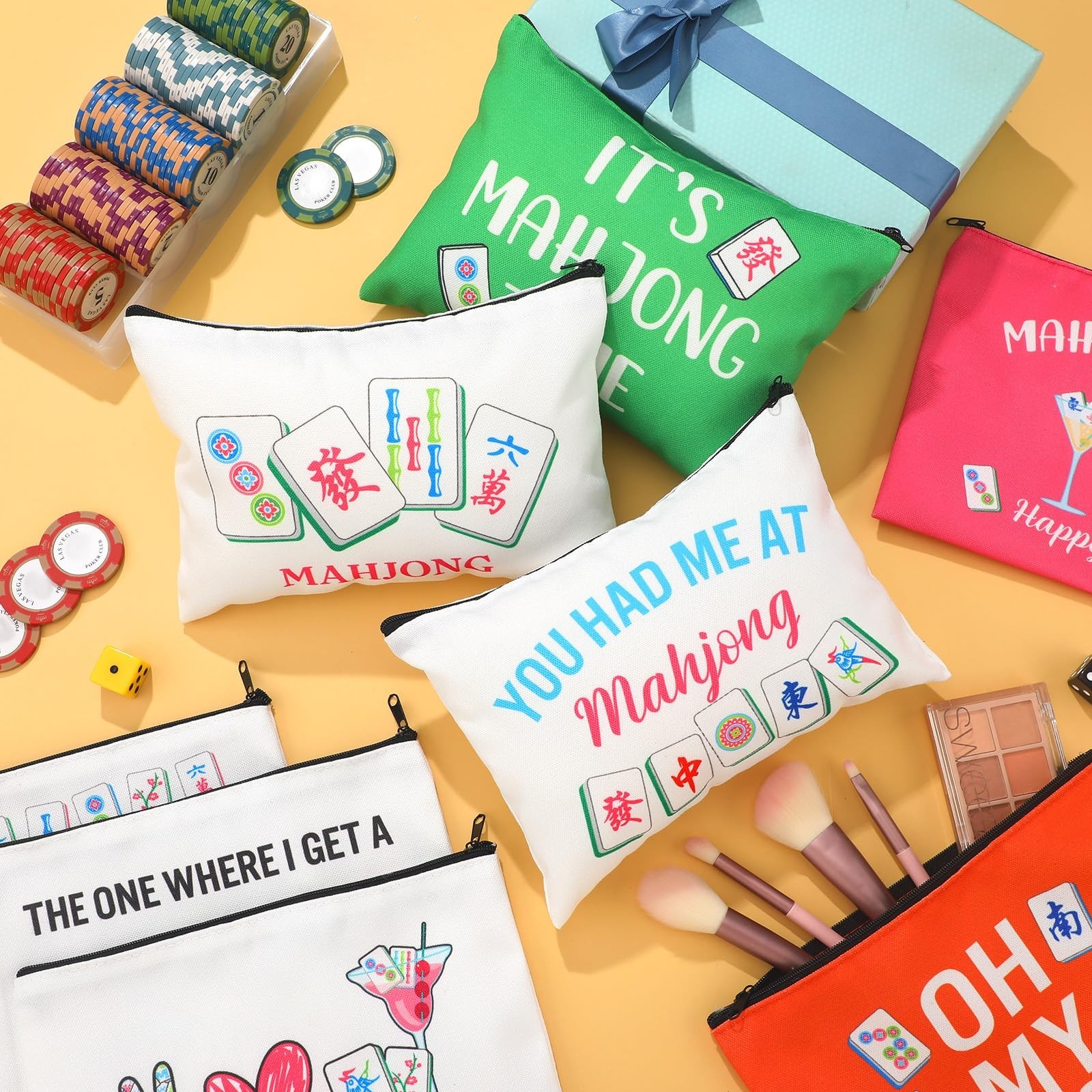 9 Pcs Mahjong Cosmetic Bag Gifts for Women Mahjong Makeup Bag Mah Jong Zipper…