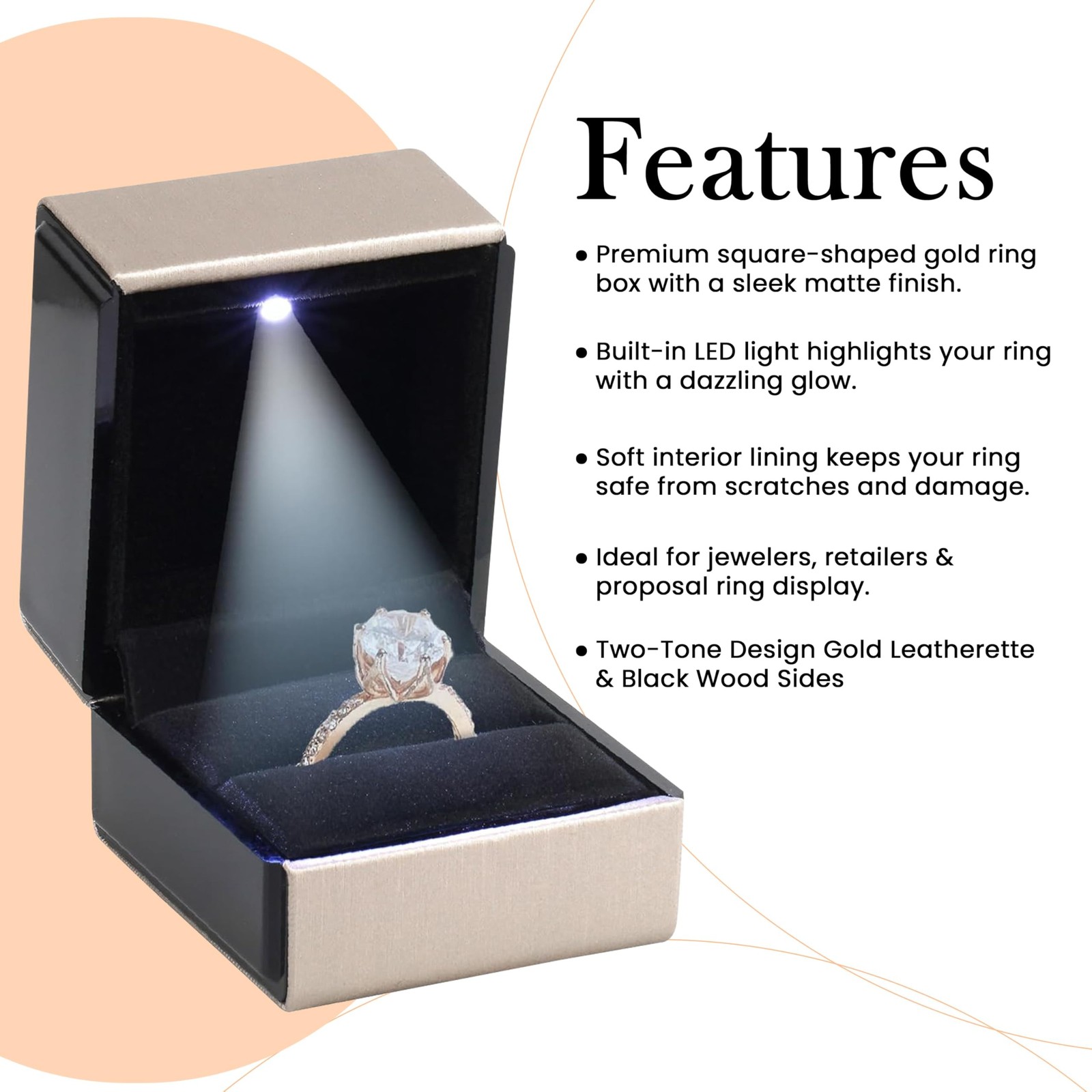 Novel Box Square Shaped Gold Ring Box With LED Light 2.25X2X2.5 Inches – Jewe…