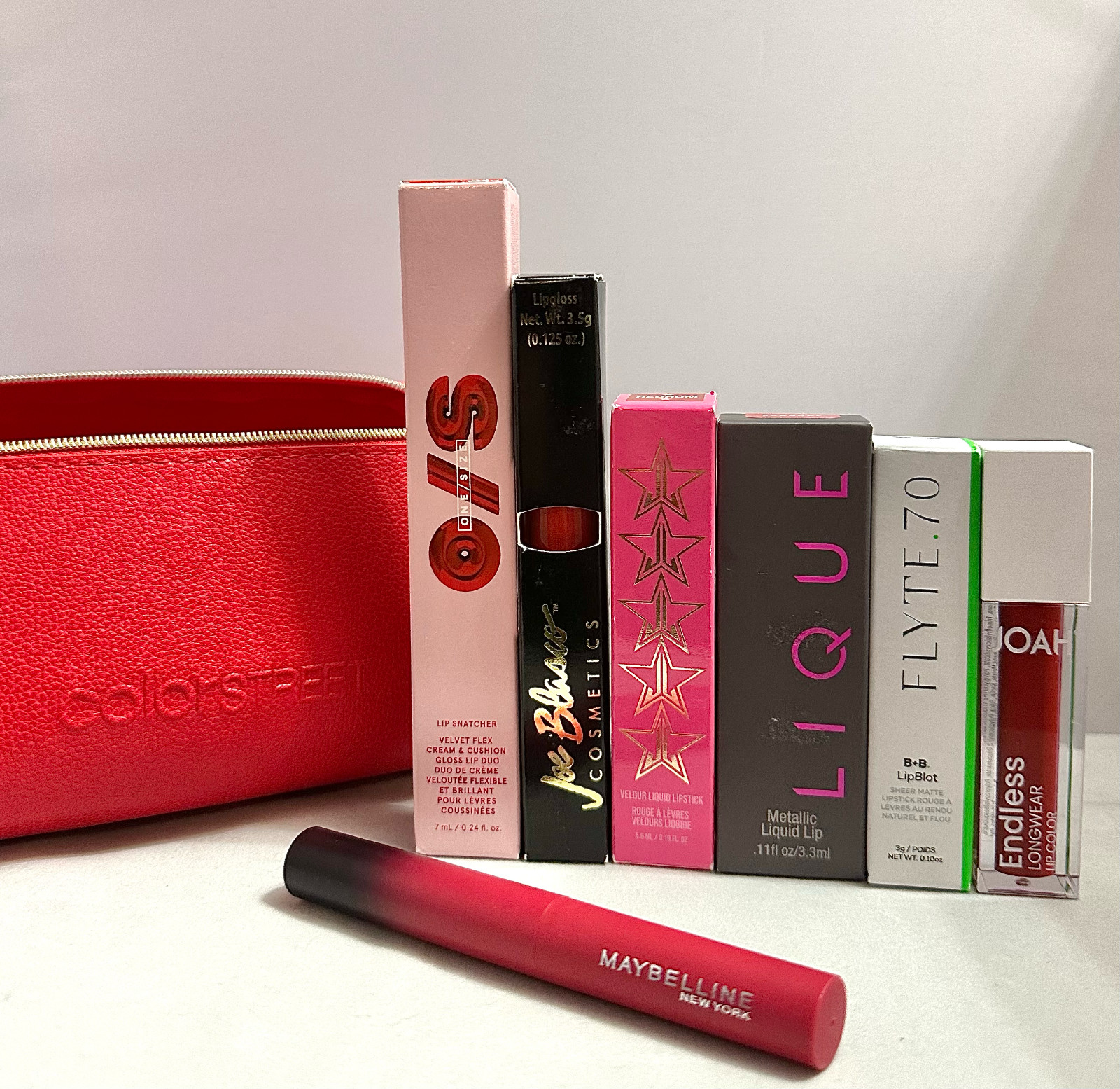 7 Pc Red Lip Bundle O/S Jeffree Star Lique Flyte.70 JOAH Maybelline + Bag NEW