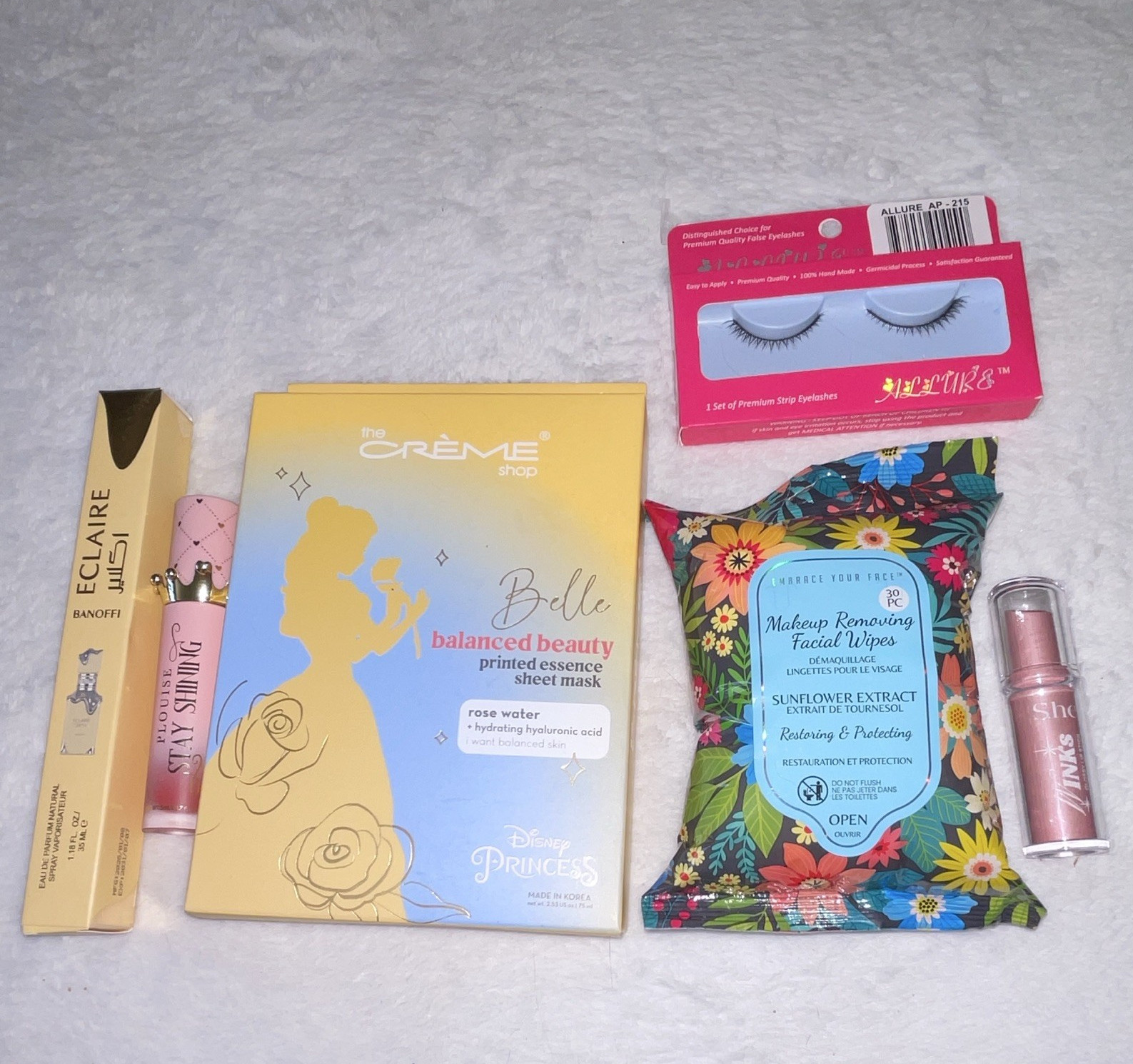 The Crème Shop Lot: 3 Belle Mask, Wipes, Lashes, Lip Tints EDP Eclaire 35ml