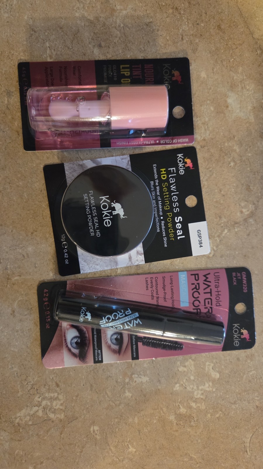 Kokie Full Size Waterproof Setting Powder, Ultra-Hold Mascara & Lip Oil Lot