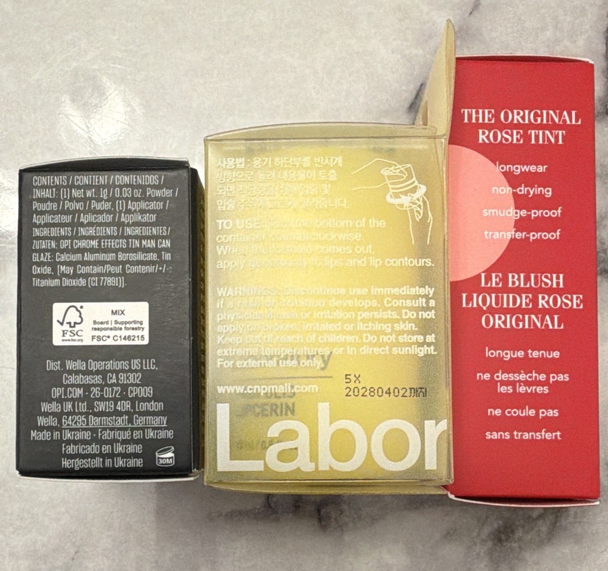 Assorted Makeup Lot: OPI Chrome Effects, CNP Lipcerin, Benetint, Tarte Base