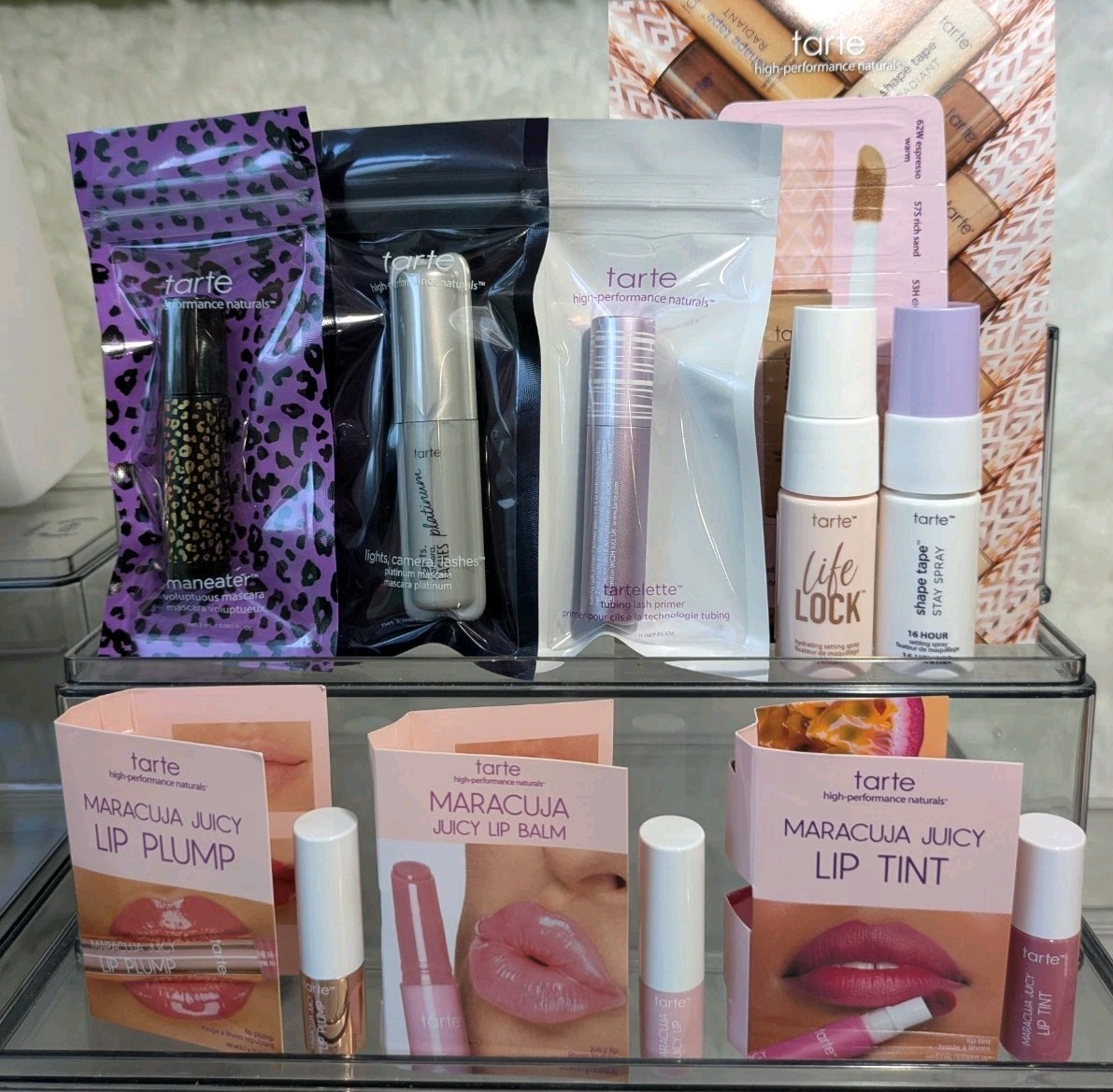 Tarte Beauty 9pcs Deluxe Samples Maracuja Lips, Setting spray, Maneater, Tartel