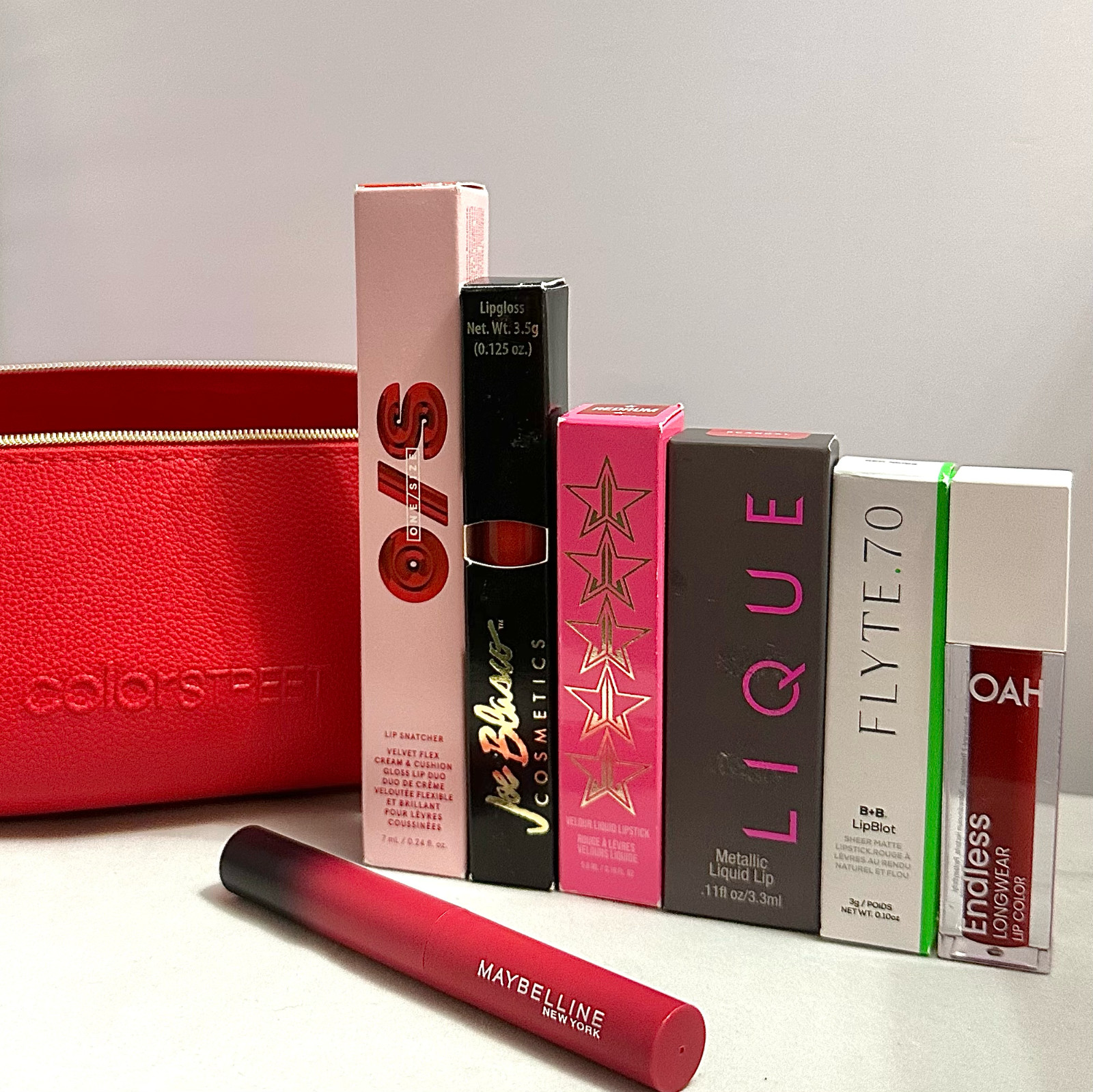 7 Pc Red Lip Bundle O/S Jeffree Star Lique Flyte.70 JOAH Maybelline + Bag NEW